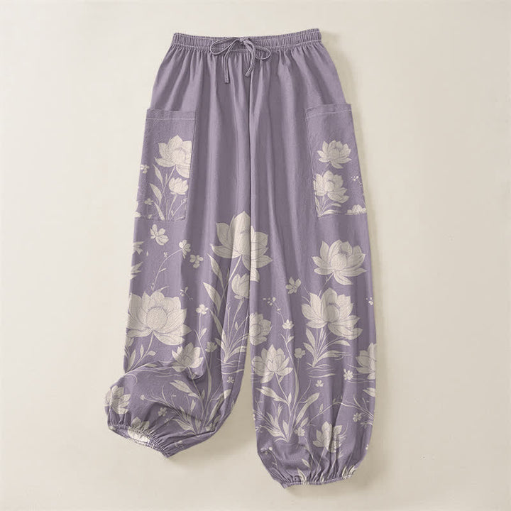 Buddha Stones Cotton Vintage Lotus Bloom Pattern Women's Elastic Waist Harem Pants With Side Pockets - image 3