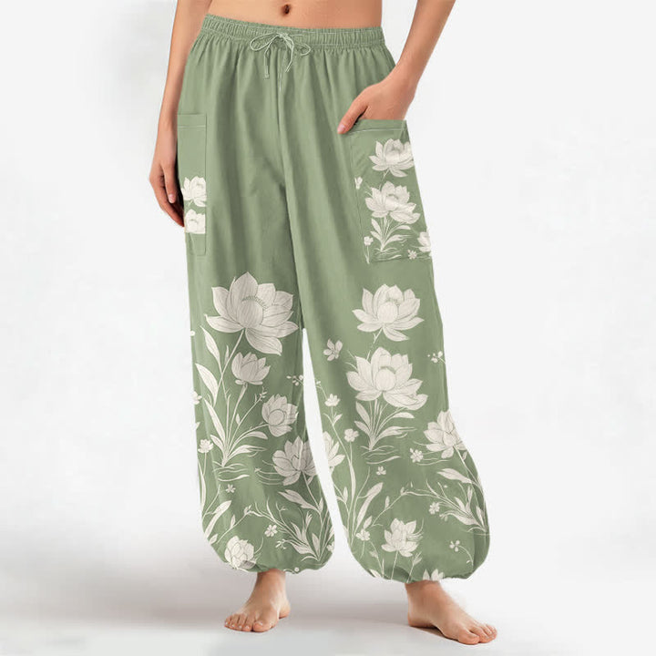 Buddha Stones Cotton Vintage Lotus Bloom Pattern Women's Elastic Waist Harem Pants With Side Pockets - PaleGreen - US16，UK/AU20，EU48 (3XL) - image 7