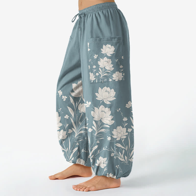 Buddha Stones Cotton Vintage Lotus Bloom Pattern Women's Elastic Waist Harem Pants With Side Pockets - image 11