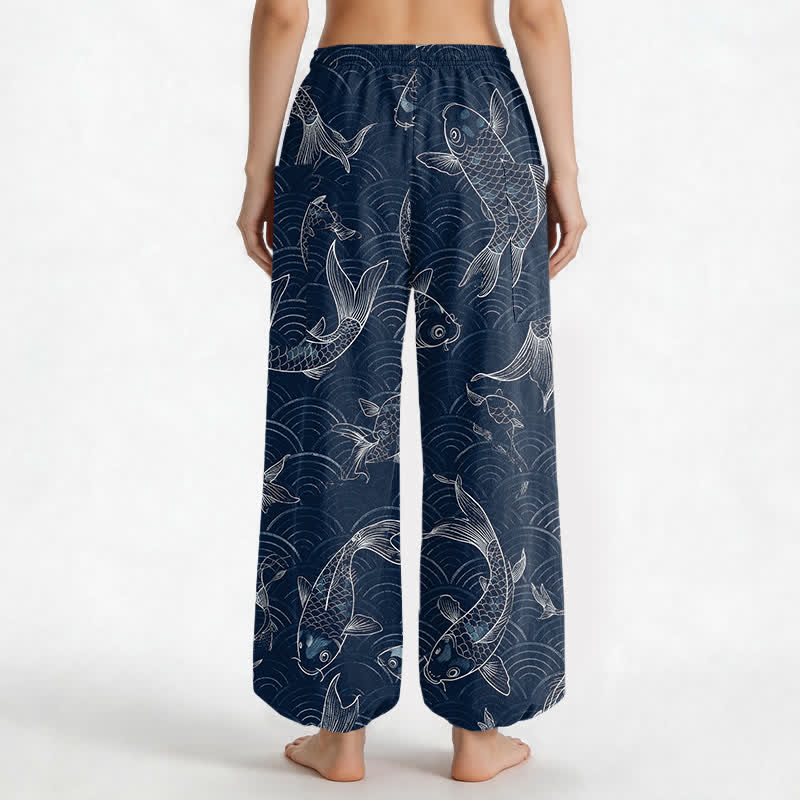 Buddha Stones Cotton Zen Koi Ripple Pattern Women's Elastic Waist Harem Pants With Side Pockets - image 2