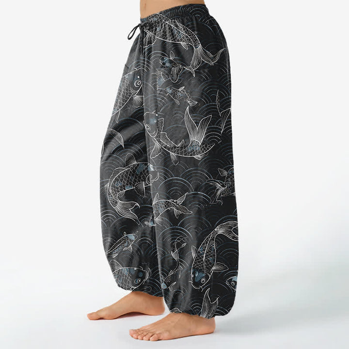 Buddha Stones Cotton Zen Koi Ripple Pattern Women's Elastic Waist Harem Pants With Side Pockets - image 8