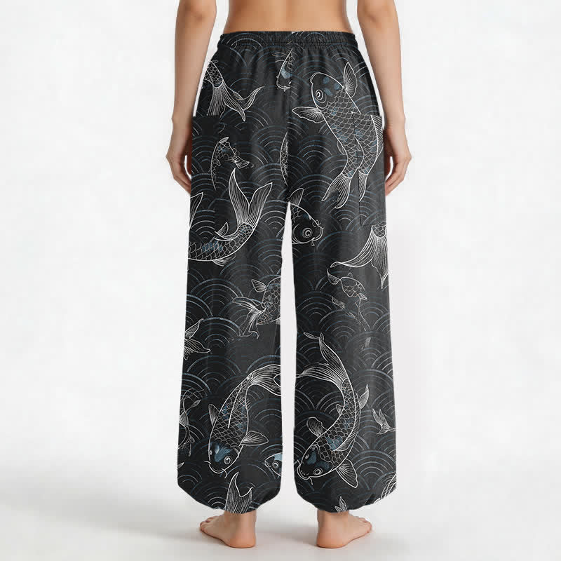 Buddha Stones Cotton Zen Koi Ripple Pattern Women's Elastic Waist Harem Pants With Side Pockets - image 9