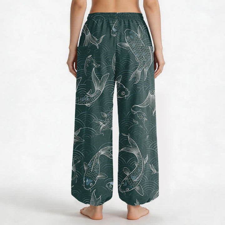 Buddha Stones Cotton Zen Koi Ripple Pattern Women's Elastic Waist Harem Pants With Side Pockets - image 12