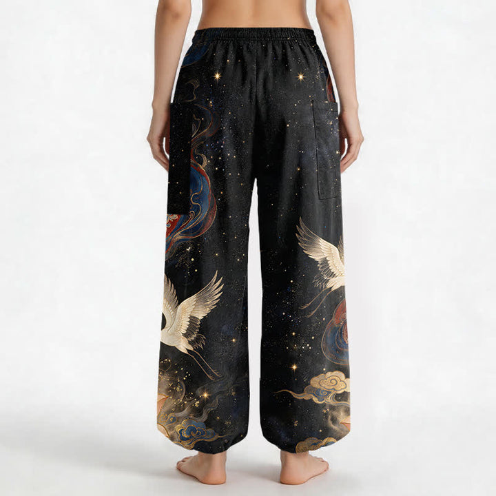 Buddha Stones Cotton Ornamental Crane Lotus Pattern Women's Elastic Waist Harem Pants With Side Pockets - image 2