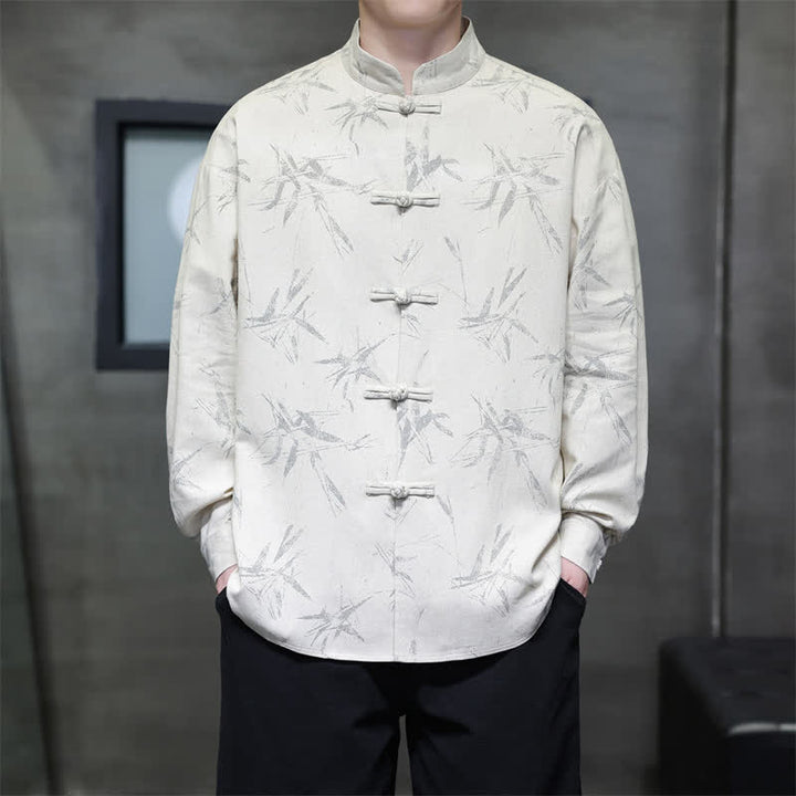 Buddha Stones Spring Casual Tang Style Frog Button Bamboo Print Men's Long Sleeve Shirts - image 3