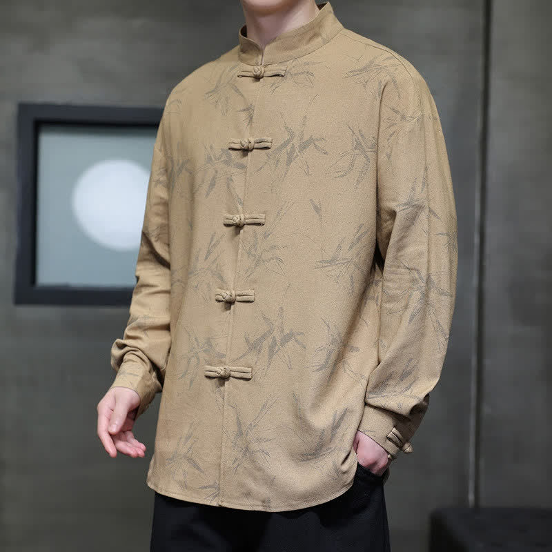 Buddha Stones Spring Casual Tang Style Frog Button Bamboo Print Men's Long Sleeve Shirts - image 17