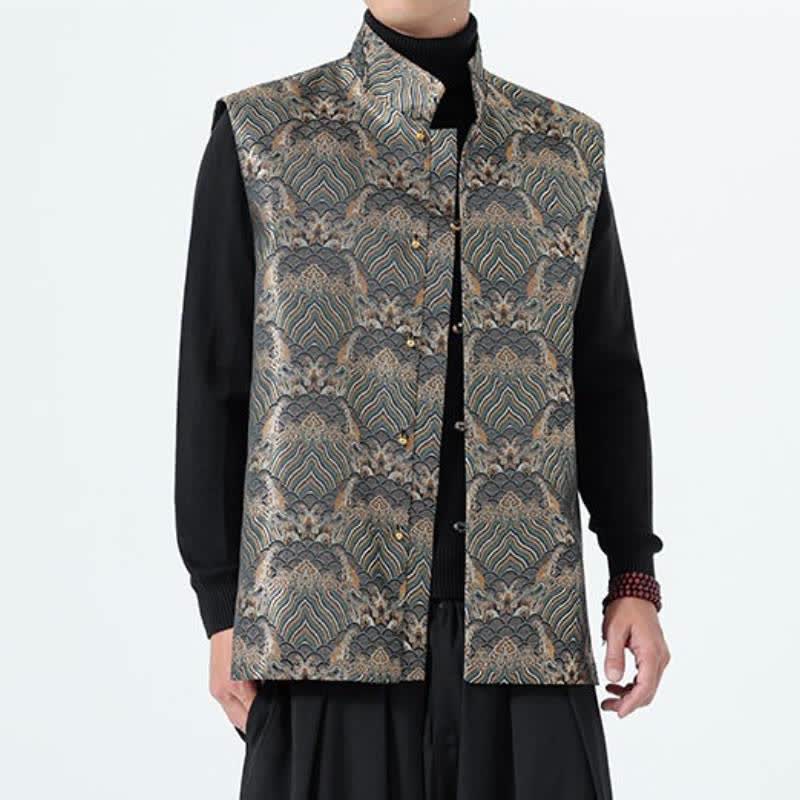 Buddha Stones Fall Tang Style Elegant Mandarin Collar Sea Waves Floral Pattern Tank Top Men's Vest - image 23