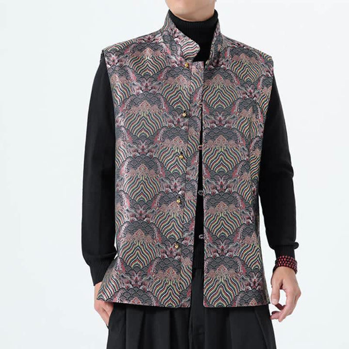 Buddha Stones Fall Tang Style Elegant Mandarin Collar Sea Waves Floral Pattern Tank Top Men's Vest - image 2