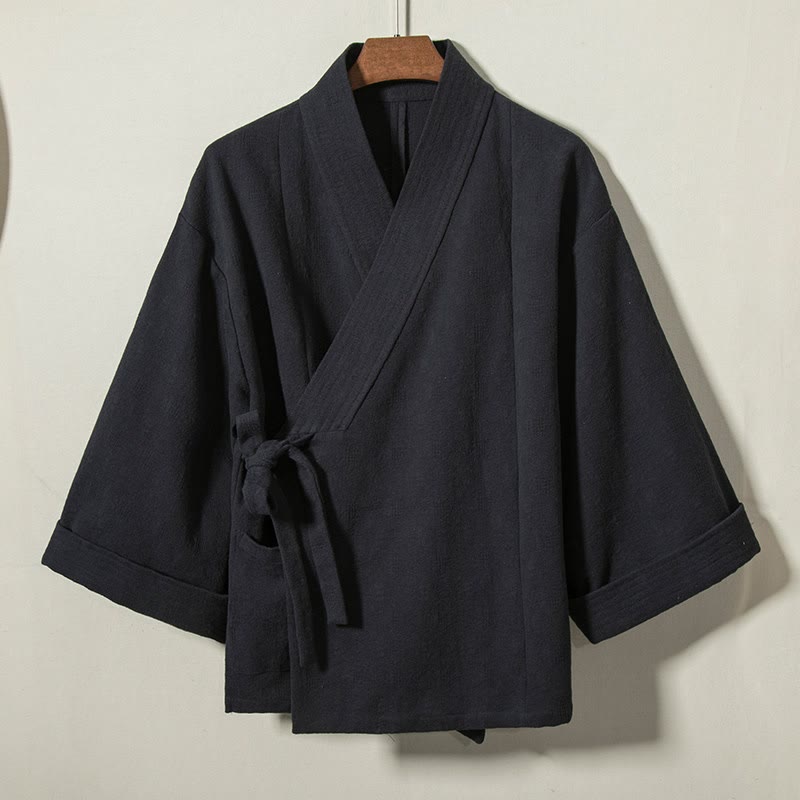 Buddha Stones Fall Winter Minimalist Drawstring V-Neck Lace-up Solid Cotton Men's Kimono - MidnightBlue - US/UK/AU44，EU54 (4XL) - image 0