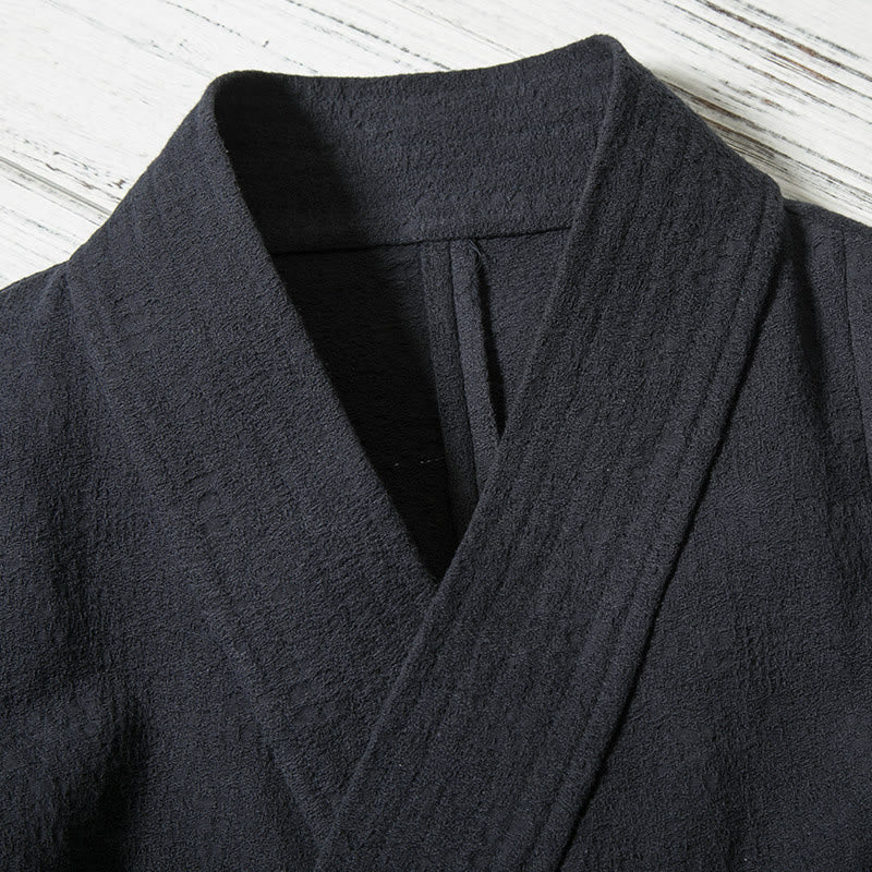 Buddha Stones Fall Winter Minimalist Drawstring V-Neck Lace-up Solid Cotton Men's Kimono - image 2