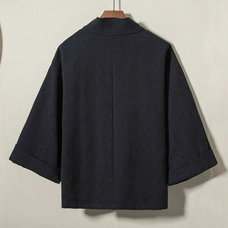 Buddha Stones Fall Winter Minimalist Drawstring V-Neck Lace-up Solid Cotton Men's Kimono - image 1