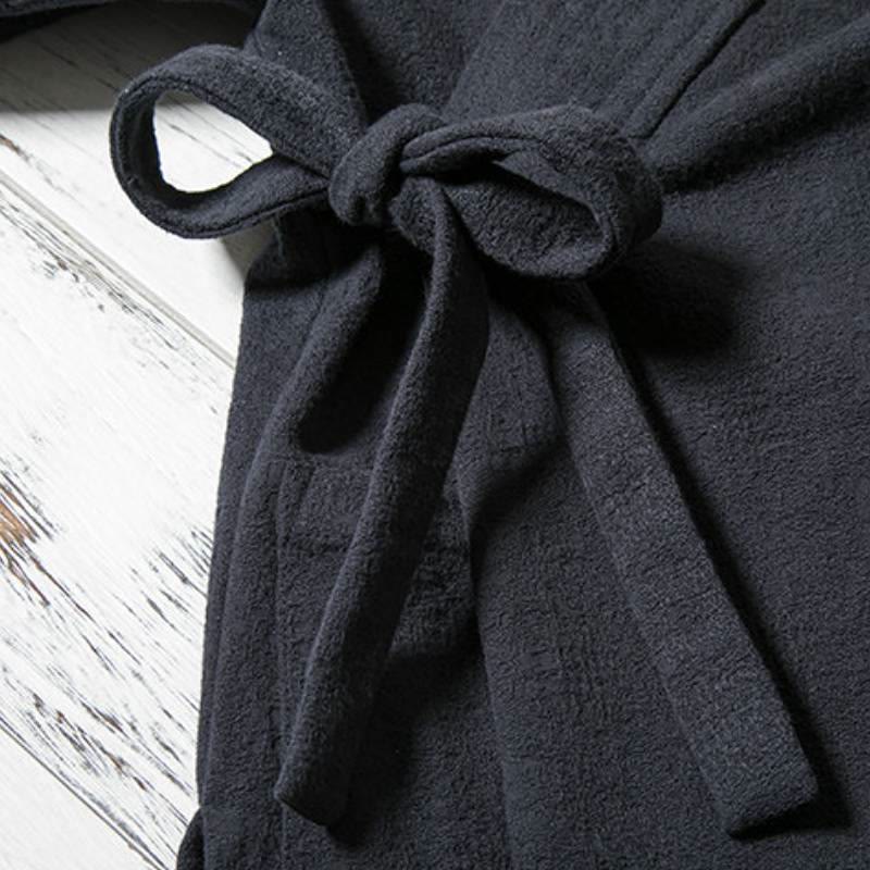 Buddha Stones Fall Winter Minimalist Drawstring V-Neck Lace-up Solid Cotton Men's Kimono - image 5