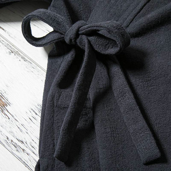 Buddha Stones Fall Winter Minimalist Drawstring V-Neck Lace-up Solid Cotton Men's Kimono - image 5