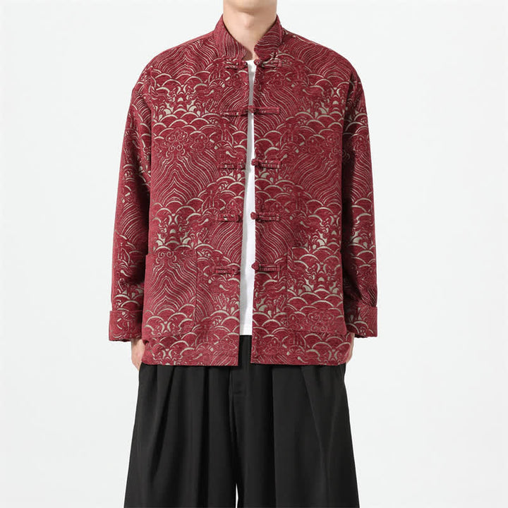 Buddha Stones Fall Winter Tang Style Vintage Mandarin Collar Frog Button Cloud Pattern Spandex Men's Jacket With Pockets - image 6