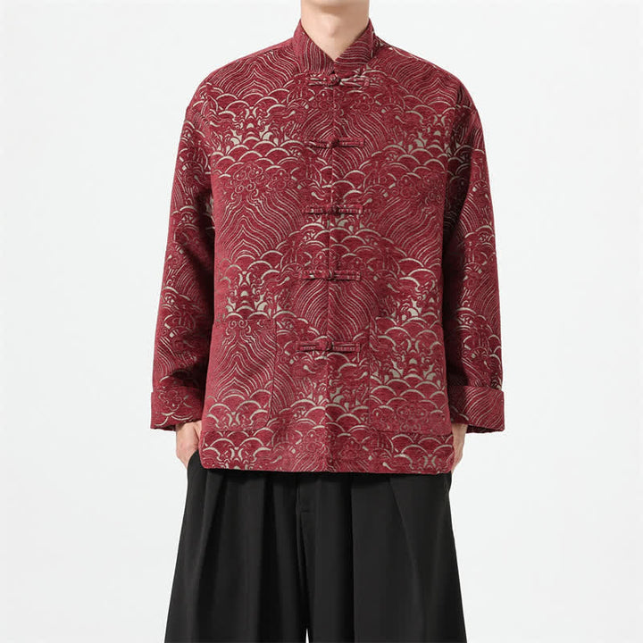Buddha Stones Fall Winter Tang Style Vintage Mandarin Collar Frog Button Cloud Pattern Spandex Men's Jacket With Pockets - FireBrick - US/UK/AU46，EU56 (5XL) - image 0