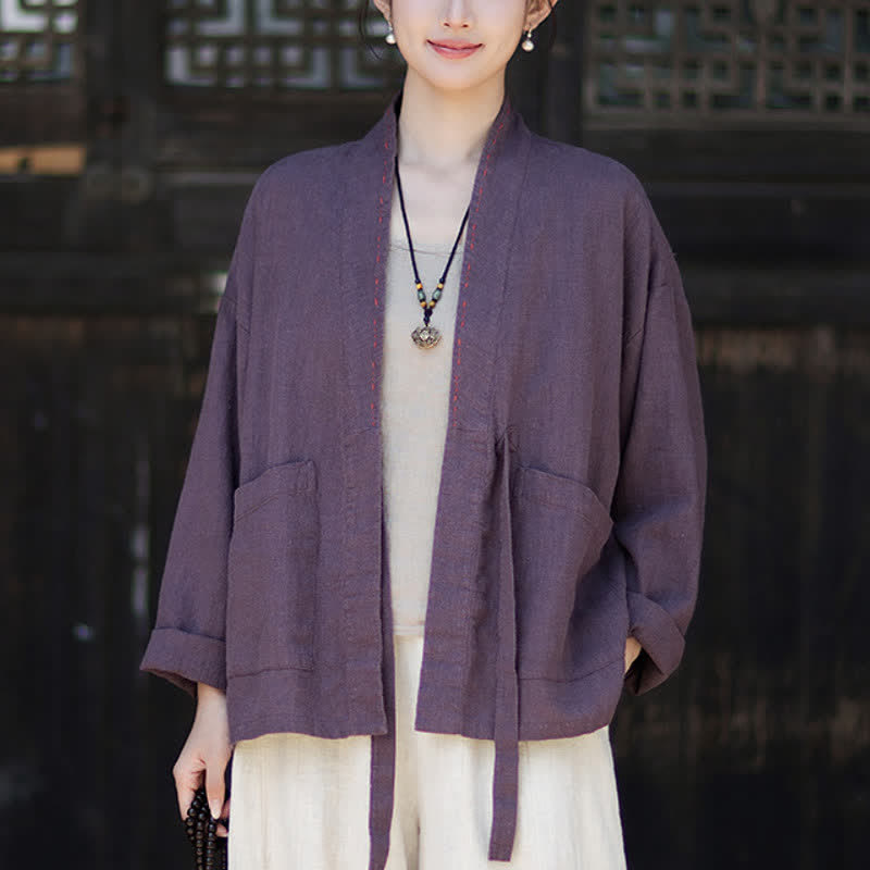 Buddha Stones Spring Summer Casual Minimalist Solid Ramie Women's Kimono With Pockets - RebeccaPurple - US4-6，UK/AU8-10，EU36-38 (F) - image 0