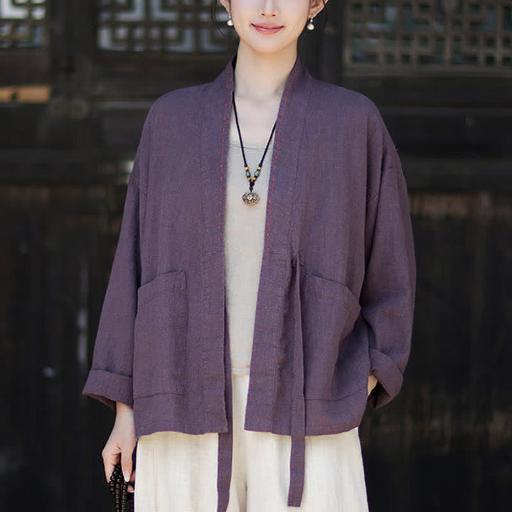 Buddha Stones Spring Summer Casual Minimalist Solid Ramie Women's Kimono With Pockets - RebeccaPurple - US4-6，UK/AU8-10，EU36-38 (F) - image 0