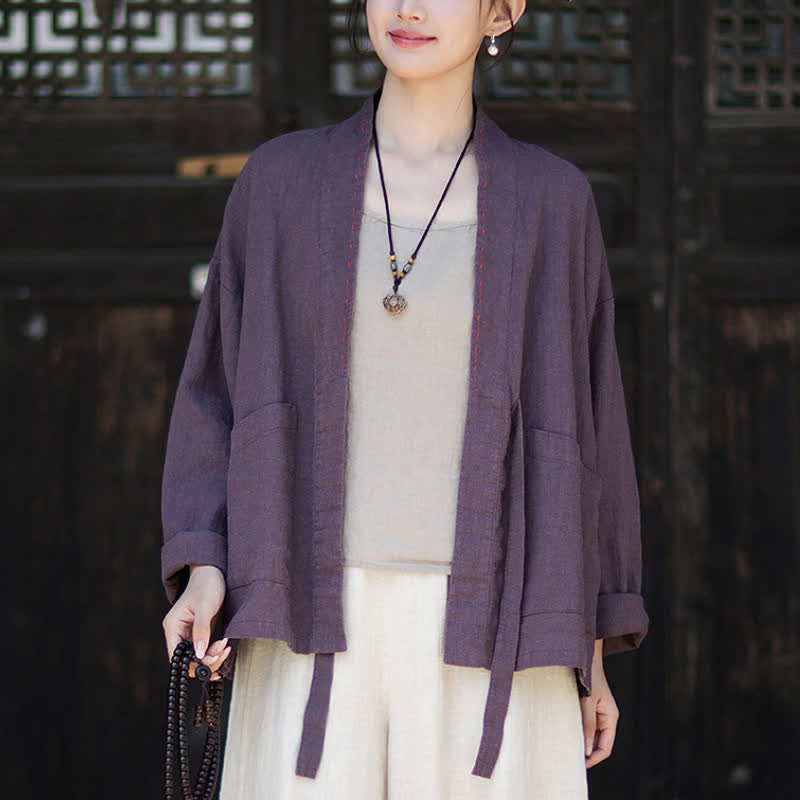 Buddha Stones Spring Summer Casual Minimalist Solid Ramie Women's Kimono With Pockets - image 4