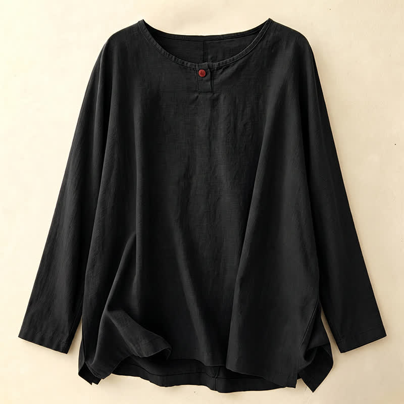 Buddha Stones Spring Fall Casual Simple Solid Crew Neck Design Cotton Women's Long Sleeve T-Shirt - Black - US14，UK/AU18，EU46 (2XL) - image 11