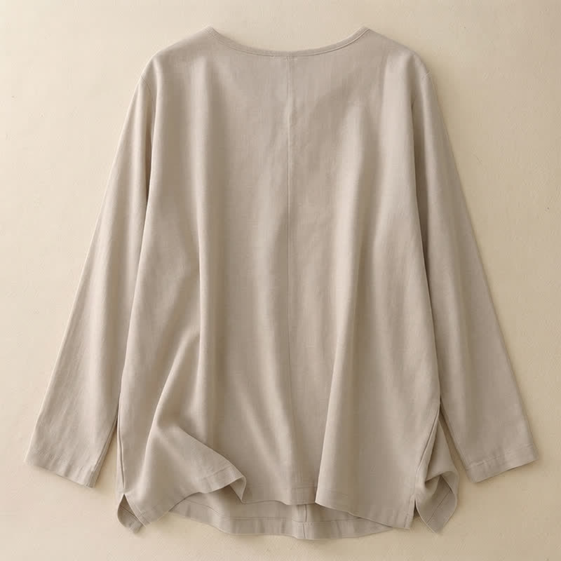 Buddha Stones Spring Fall Casual Simple Solid Crew Neck Design Cotton Women's Long Sleeve T-Shirt - image 1