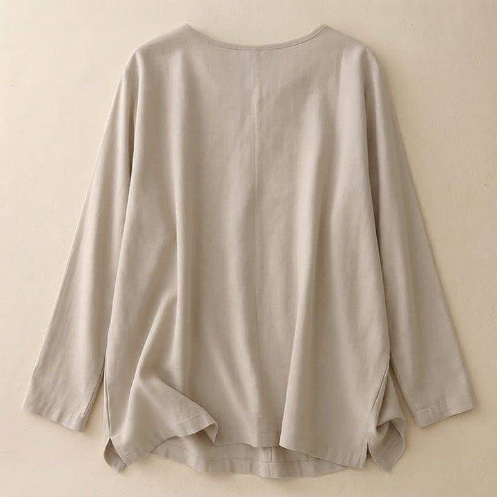 Buddha Stones Spring Fall Casual Simple Solid Crew Neck Design Cotton Women's Long Sleeve T-Shirt - image 1