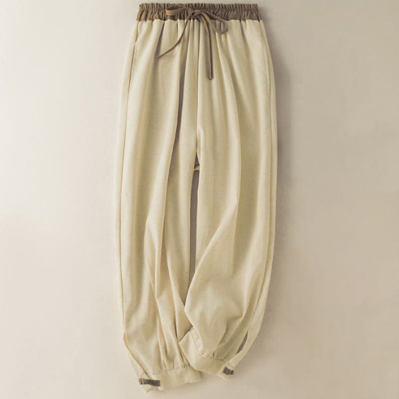 Buddha Stones Plain Cotton Drawstring Women's Harem Pants With Pockets - Beige - US16，UK/AU20，EU48 (3XL) - image 0