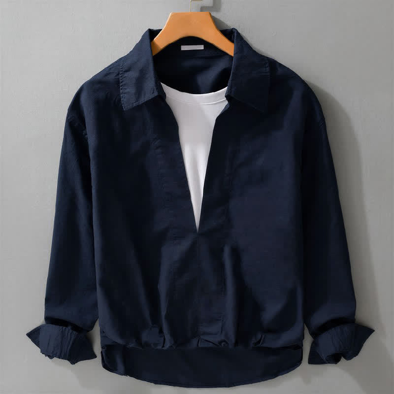 Buddha Stones Fall Casual Minimalist Solid Layered Look Men's Long Sleeve Shirts - MidnightBlue - US/UK/AU42，EU52 (3XL) - image 5