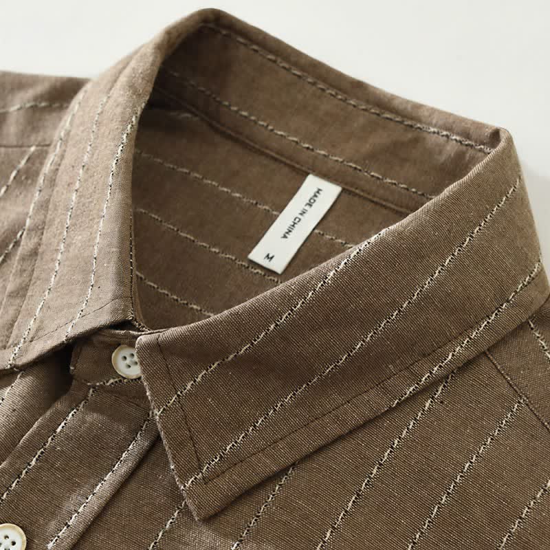 Buddha Stones Fall Casual Vintage Button-Up Striped Cotton Men's Long Sleeve Shirts With Pocket - image 2