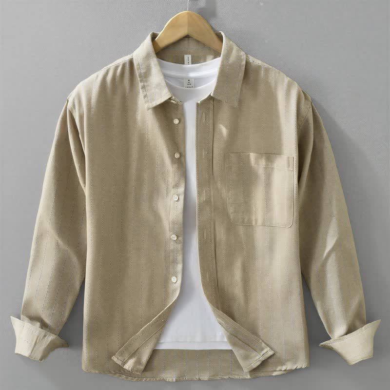Buddha Stones Fall Casual Vintage Button-Up Striped Cotton Men's Long Sleeve Shirts With Pocket - Beige - US/UK/AU42，EU52 (3XL) - image 9