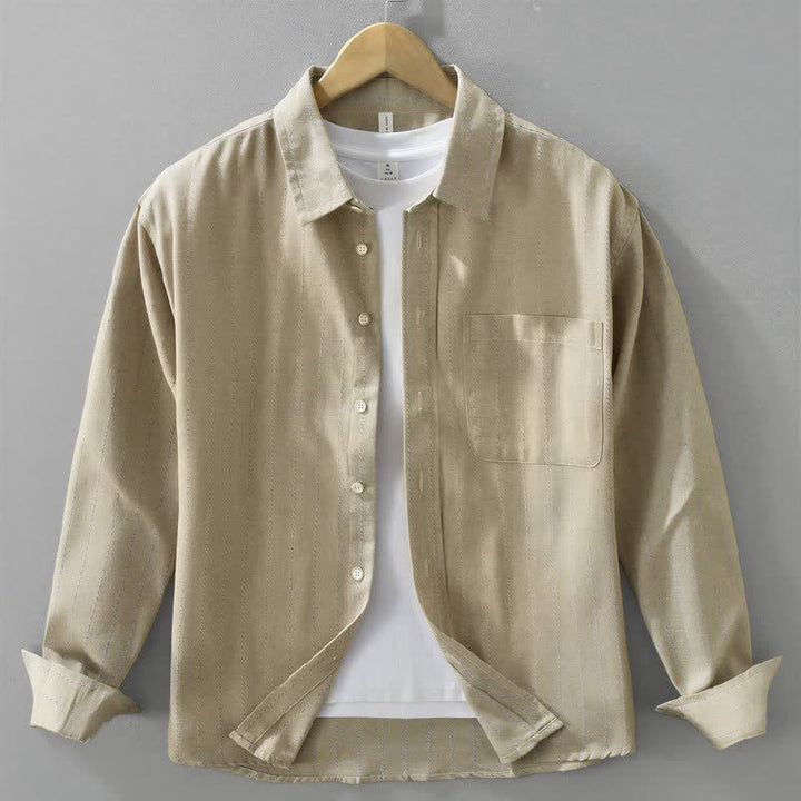 Buddha Stones Fall Casual Vintage Button-Up Striped Cotton Men's Long Sleeve Shirts With Pocket - Beige - US/UK/AU42，EU52 (3XL) - image 9