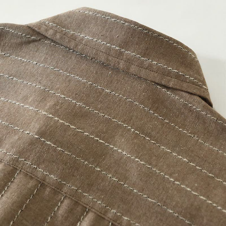Buddha Stones Fall Casual Vintage Button-Up Striped Cotton Men's Long Sleeve Shirts With Pocket - image 3