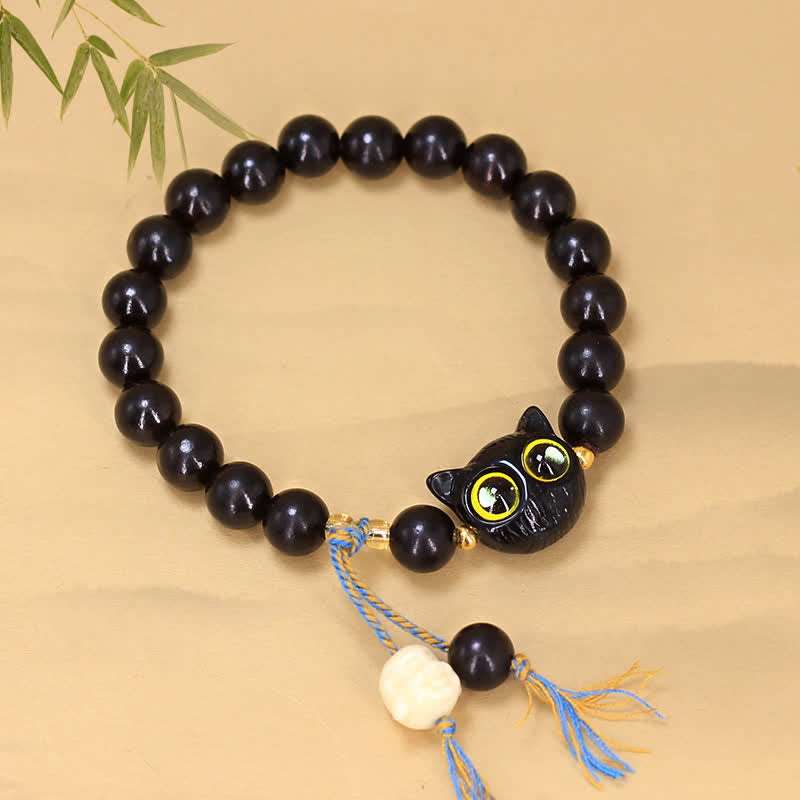 Buddha Stones Ebony Wood Cat Charm Braided Round Balance Bracelet - image 1