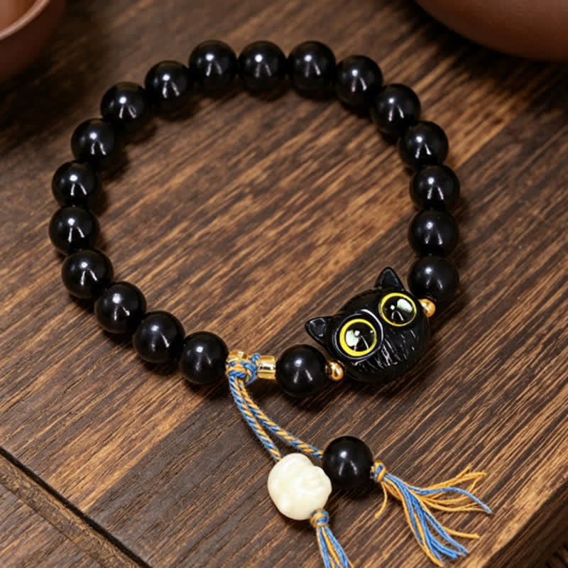 Buddha Stones Ebony Wood Cat Charm Braided Round Balance Bracelet - Ebony Wood(Balance ♥ Calm) - image 0