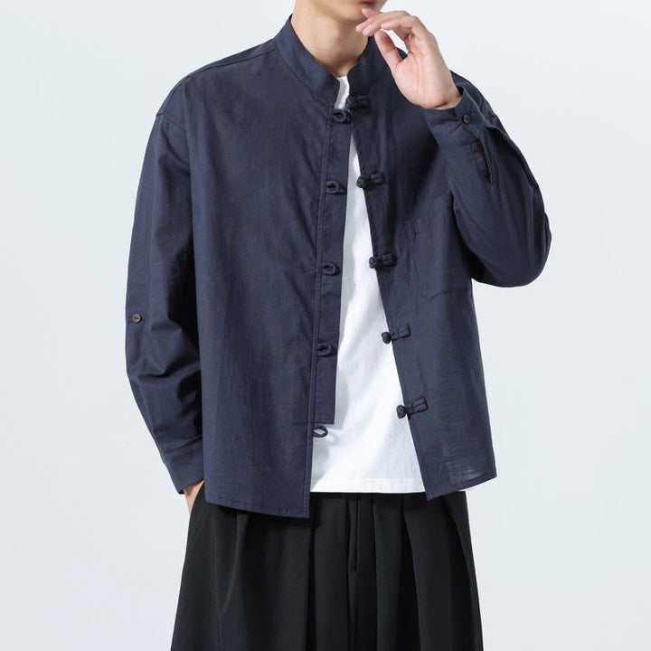 Buddha Stones Spring Fall Tang Style Minimalist Frog Button Mandarin Collar Solid Men's Long Sleeve Shirts With Pocket - image 4