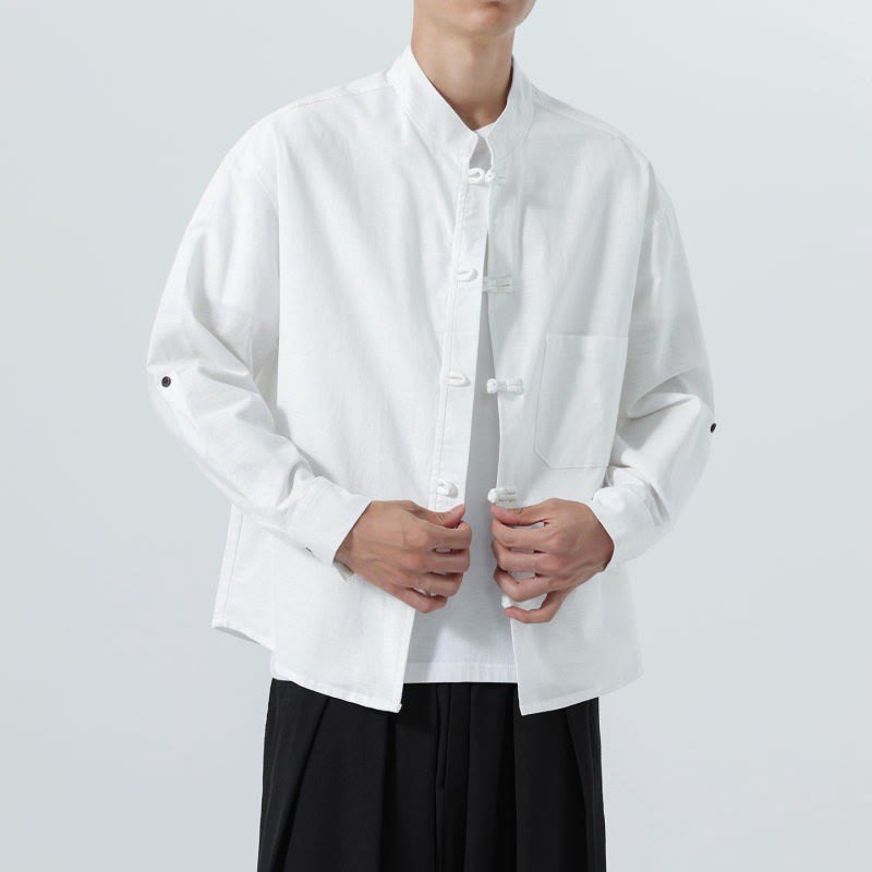Buddha Stones Spring Fall Tang Style Minimalist Frog Button Mandarin Collar Solid Men's Long Sleeve Shirts With Pocket - image 27