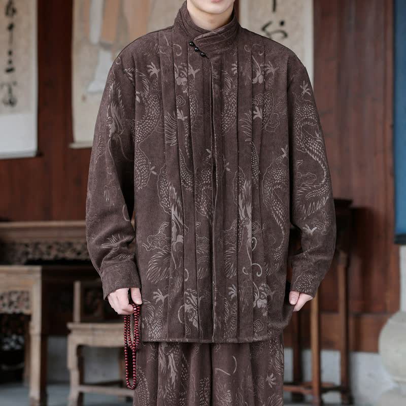 Buddha Stones Fall Winter Casual Tang Style Mandarin Collar Abstract Corduroy Men's Jackets - SaddleBrown - US/UK/AU46，EU56 (5XL) - image 0