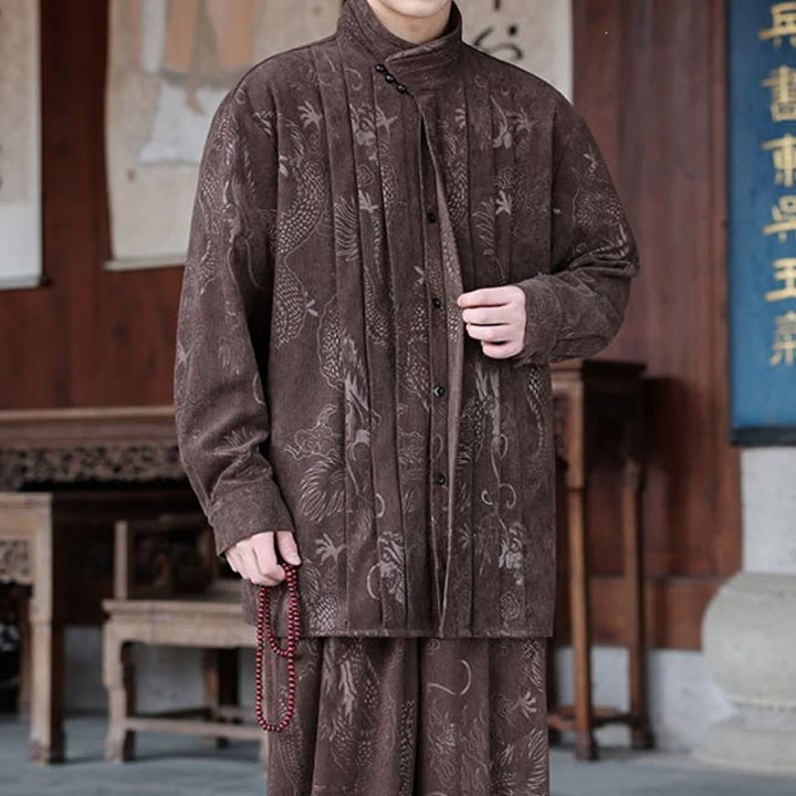 Buddha Stones Fall Winter Casual Tang Style Mandarin Collar Abstract Corduroy Men's Jackets - image 1