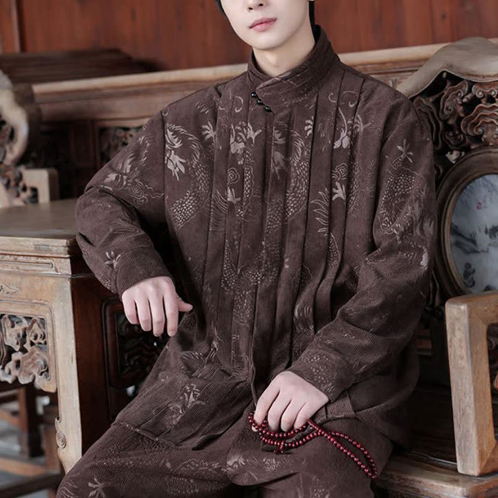 Buddha Stones Fall Winter Casual Tang Style Mandarin Collar Abstract Corduroy Men's Jackets - image 3
