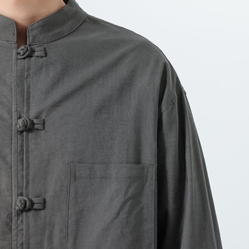 Buddha Stones Spring Fall Tang Style Minimalist Frog Button Mandarin Collar Solid Men's Long Sleeve Shirts With Pocket - image 18