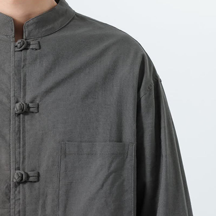 Buddha Stones Spring Fall Tang Style Minimalist Frog Button Mandarin Collar Solid Men's Long Sleeve Shirts With Pocket - image 18