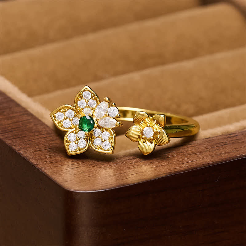 Buddha Stones Copper Two Flowers Blossom Harmonic Connection Ring - image 1