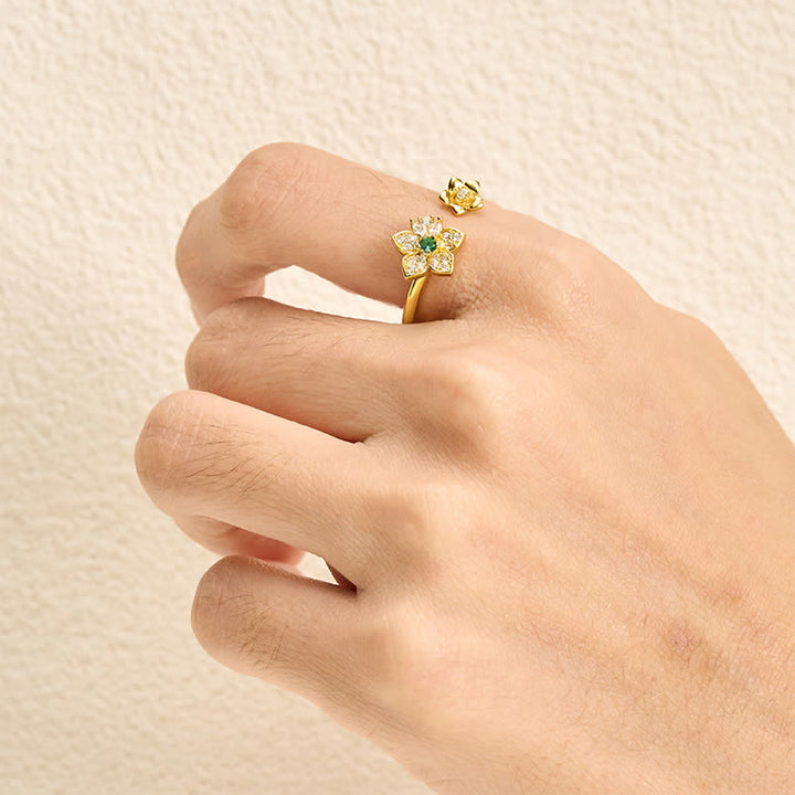 Buddha Stones Copper Two Flowers Blossom Harmonic Connection Ring - image 4
