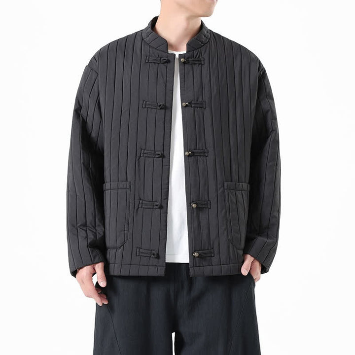 Buddha Stones Fall Winter Casual Tang Style Frog Button Solid Men's Jackets With Pocket - Black - US/UK/AU46，EU56 (5XL) - image 6
