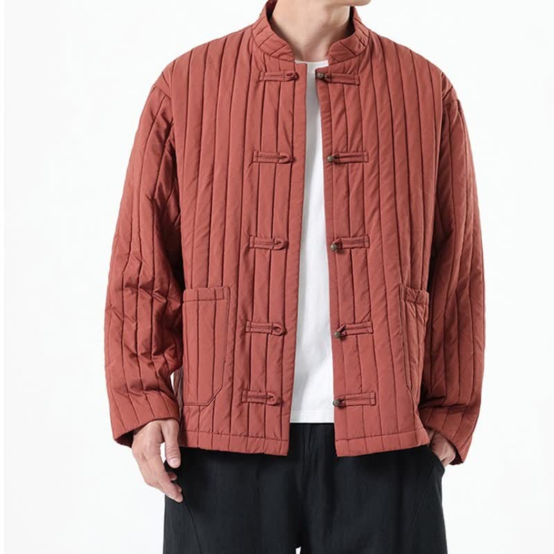 Buddha Stones Fall Winter Casual Tang Style Frog Button Solid Men's Jackets With Pocket - IndianRed - US/UK/AU46，EU56 (5XL) - image 16