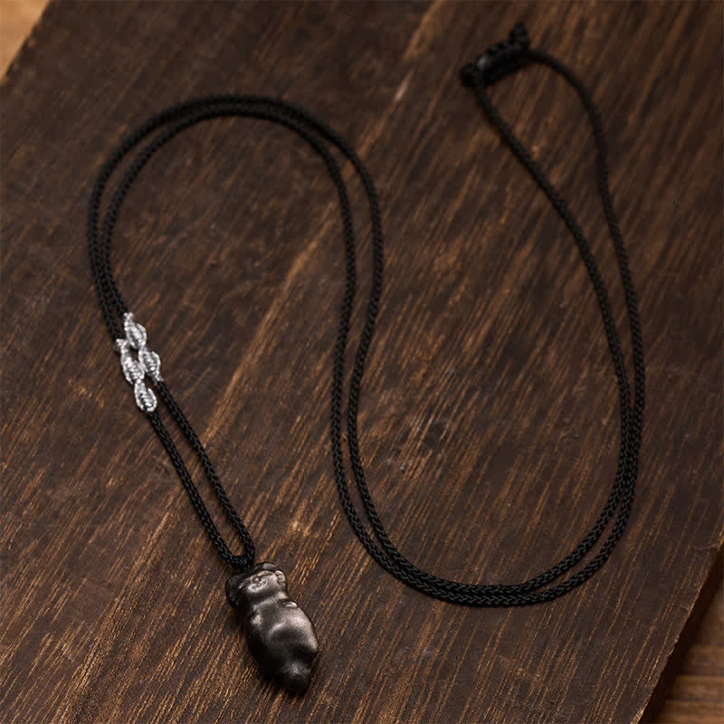 Buddha Stones Silver Sheen Obsidian Cat Pendant Grounding Braided Cord Necklace - image 1