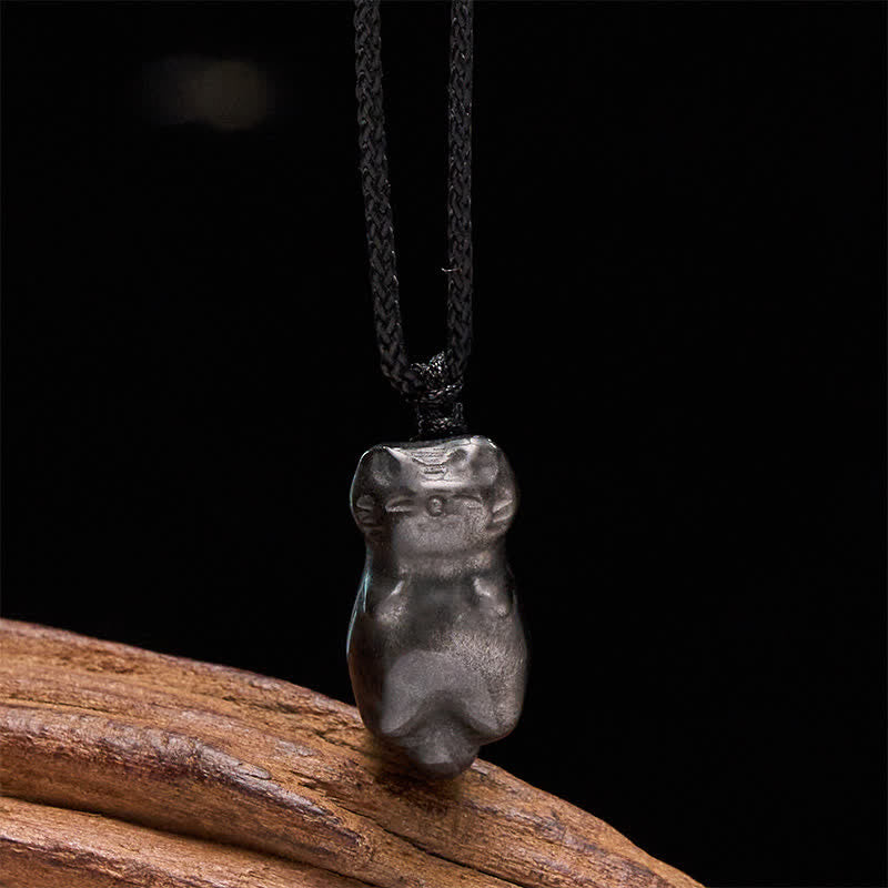 Buddha Stones Silver Sheen Obsidian Cat Pendant Grounding Braided Cord Necklace - Silver Sheen Obsidian(Grounding ♥ Intuition) - image 0