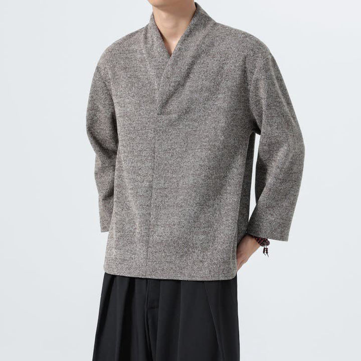 Buddha Stones Fall Winter Minimalist Casual Solid V-Neck Men's Long Sleeve T-Shirts - image 3