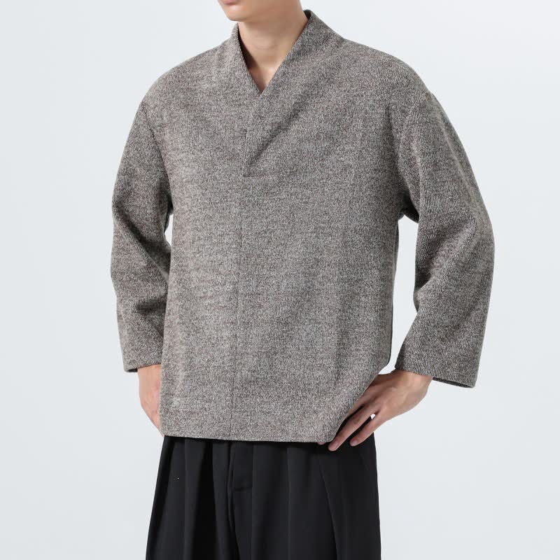 Buddha Stones Fall Winter Minimalist Casual Solid V-Neck Men's Long Sleeve T-Shirts - image 4
