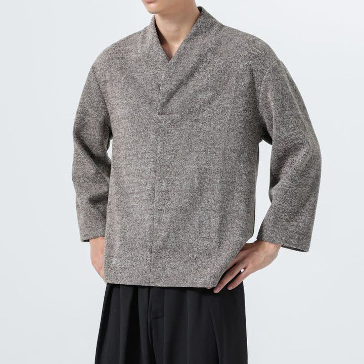Buddha Stones Fall Winter Minimalist Casual Solid V-Neck Men's Long Sleeve T-Shirts - image 4