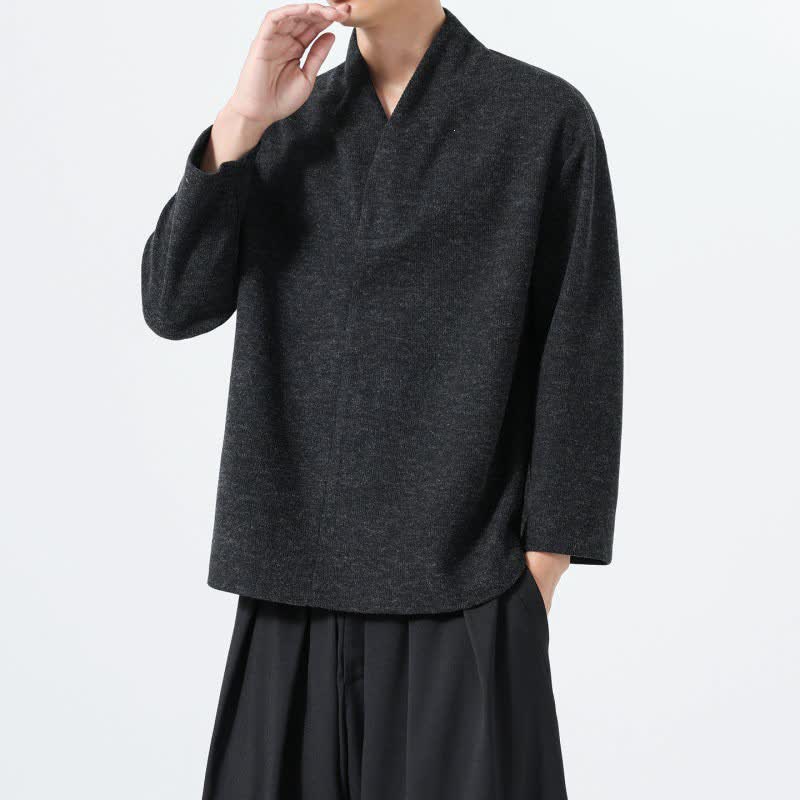 Buddha Stones Fall Winter Minimalist Casual Solid V-Neck Men's Long Sleeve T-Shirts - image 19